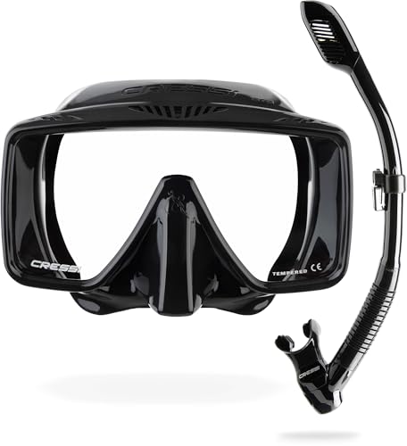 CRESSI Desde 1946   SF1 & Dry Combo   Set de Máscara Cuadrada sin Marco con Lente Templada + Tubo Dry Ideal para Buceo Apnea y Snorkeling, Negro/Negro, Talla Única Unisex