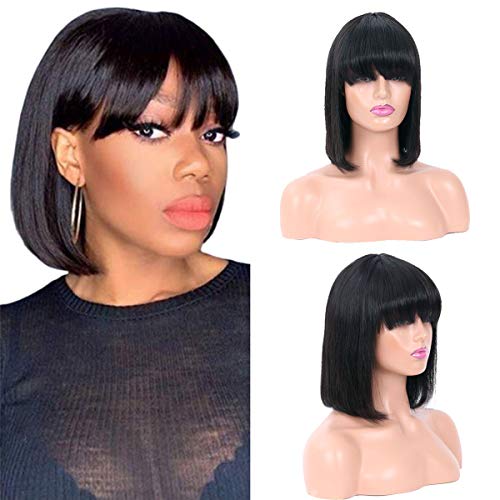 Sweetie Hair Bob Human Hair Wig with Bangs for Black Women Short Straight Bob Wig Human Hair None Lace Front Glueless Machine Made Wig 10 Inch Natural Color