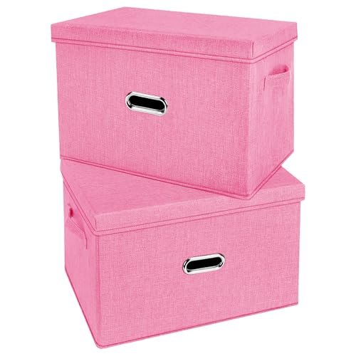 Image of Large Linen Fabric Foldable Storage Bins with Removable Lid and Handles, Washable Storage Box Organizer Containers Baskets Cube with Cover for Bedroom,Office(Pink, XXL(2-Pack))