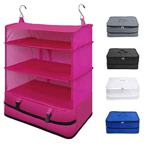 Twira Portable Hanging Travel Shelves, Suitcase Organizer, Packing Cubes for Travel, Carry-On Closet Insert, X-Large Capacity Travel Bags Collapsible 4-Shelf Travel Closet with 2 Hooks(Rose Red