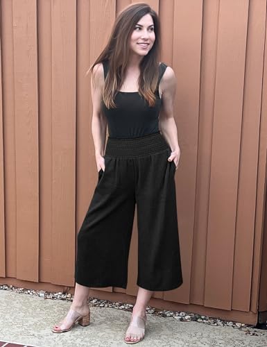 TARSE Womens Linen Palazzo Capri Pants Boho Summer Smocked High Waist Wide Leg Casual Loose Trousers with Pockets Flowy Pants2