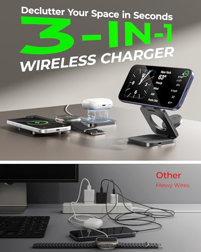 Image of 3 in 1 Charging Station for Apple - Qi2.2 25W Magnetic Wireless Charger for iPhone 17 /16-12, Apple Watch, AirPods, Travel Fast Charging Foldable Stand with 45W GaN Adapter, Aluminum Alloy Design