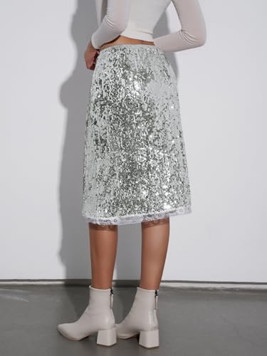 Yousify Womens Sequin Midi Skirts Y2K Elastic High Waisted Lace Trim Sparkly Stretchy Night Out Club Concerts Party Skirt4