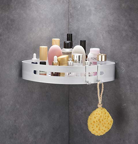 Acobonline Estantería Ducha para Esquina con Ganchos, Cesto de Ducha Adhesivo, Organizador de Baño, sin Taladros Aluminio. (Aluminio Rugoso, esquinero)