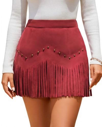 Image of Women Faux Suede Fringe Mini Skirt Western Cowgirl Skirts