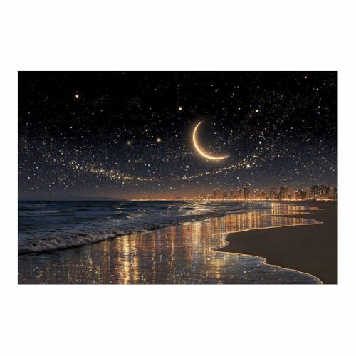 Cuadro de luna junto al mar para decorar un dormitorio moderno y relajante