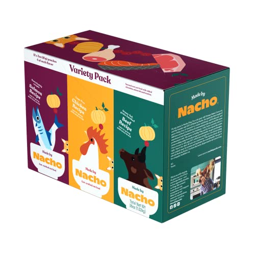 Made By Nacho Wet Cat Food Variety Pack, Cage-Free Chicken, Sustainably Caught Salmon, Grass-Fed Beef With Bone Broth For Extra Hydration, (12) 3 Oz Pouches #TOP3