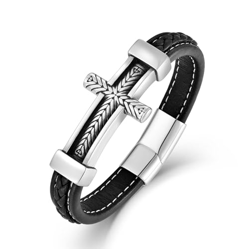 Men's Leather Cross Bracelet, Stainless Steel Religious Sideway Cross Faith Bracelet Bangle Christian Prayer Jewelry Gift for Men