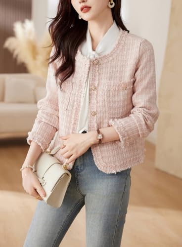 chouyatou Women's Fall Business Casual Tweed Blazer Button Down Dressy Fringed Tassel Jacket Coat3
