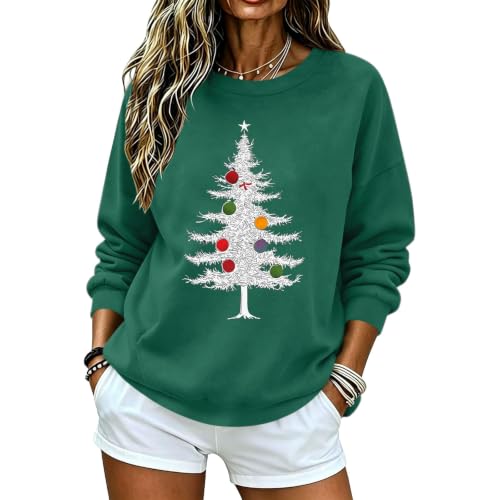Aymnlox Womens Christmas Tree Sweatshirt Funny Graphic Crewneck Long Sleeve Holiday Pullover Festive Winter Casual Top 2026 plus size christmas blouses Army Green S - image 6