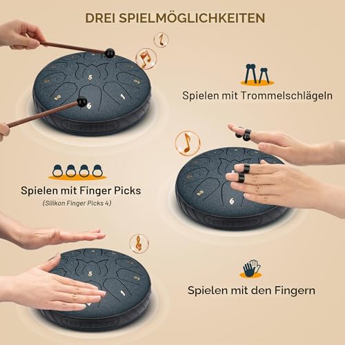 CAHAYA Steel Tongue Drum 6 Zoll 11 Töne: Zungentrommel Schlagzeug Anfänger, Handpan mit Notenbuch, Trommelstöcken, Steel Pan Töne Drum Schlaginstrument für Meditation Yoga, Dunkelblau CY00373-1