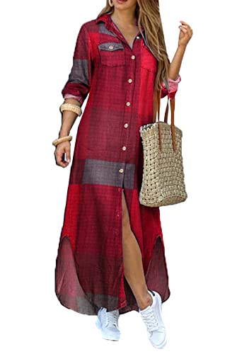 Yming Damen Hemden Kleid Langarm Taste Tunika Kleider Herbst Maxi Langes Kleid Wein Rot Grau XL