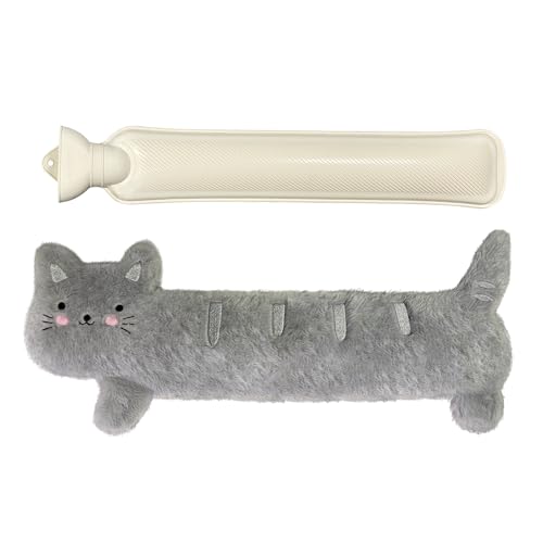 Bouillotte Eau Chaude, 2L Bouillotte Longue Avec Housse, Hot Water Bottle, Peluche Bouillote Animal Pour Regles Douloureuses, Cervicale, Taille, Cadeau D'hiver Pour Femmes Enfants (Chat)