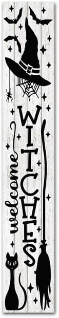 Sokomurg Letrero vertical de bienvenida de brujas de 8 x 48 pulgadas, de madera, vertical, de madera, para Halloween, puerta de Halloween,
