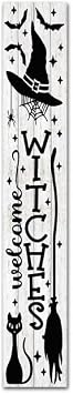 Welcome Witches Vertical Porch Sign 8"x48" Farmhouse Halloween Vertical Wooden Tall Halloween Vertical Wood Holiday Welcome Sign for Halloween Door Outdoor Party Decorations