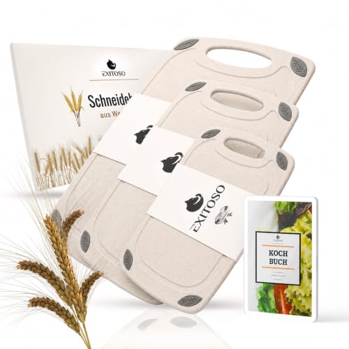 EXITOSO Schneidebrett 3x Mit Weizenstroh 32 x 20 cm, mit Saftrille & Griff – Ansicht 1