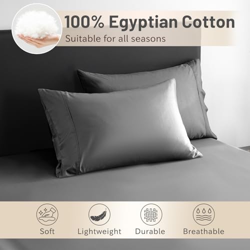 MEISHANG Extra Deep Pocket Queen Sheets Cotton - 1000 Thread Count Sheets - Fits 18"-24" in Deep Mattress,100% Egyptian Cotton,Sateen Weave, Soft & Breathable - 4 Piece (Queen, Dark Grey)