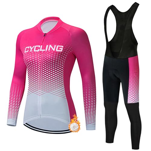 Maillot Ciclismo Mujer Invierno Ropa Bici MTB Conjunto Ciclista Polar Térmico,Traje Bicicleta Chaquetas Ciclo Manga Larga y Pantalones Tirantes con 19D Gel Acolchado,Completa de BTT Jerseys|1,5XL