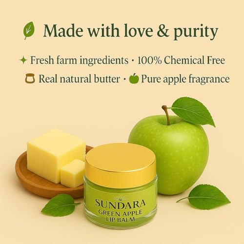 Image of SUNDARA Green Apple Lip Balm 8g for Dry & Chapped Lips | Shea Butter, Vitamin E & Natural Oils | Moisturizing Lip Care for Soft, Smooth & Nourished Lips | Green Apple Flavor Lip Balm for Men & Women