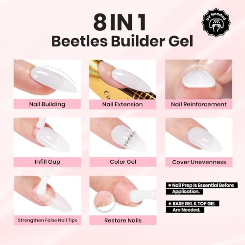 Image of Beetles Builder Gel Nail Kit with Base and Top Coat 15ml - HEMA Free Milky White Builder Gel with Nail Art Liner Brush, Soak Off UV LED Gel for Nail Strengthening, Extension & Long Lasting Manicure