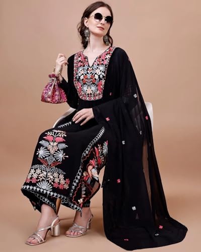 Image of Pandadi Saree Women's Georgette Embroidery Kurta Palazzo and Dupatta Set