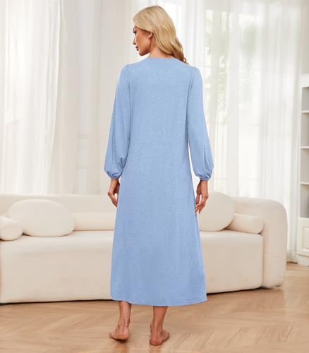 Womens Cotton Long Sleeve Nightgowns Soft Ladies Sleep Shirts Button V Neck Full Length Night Shirts Sleepwear with Pockets3