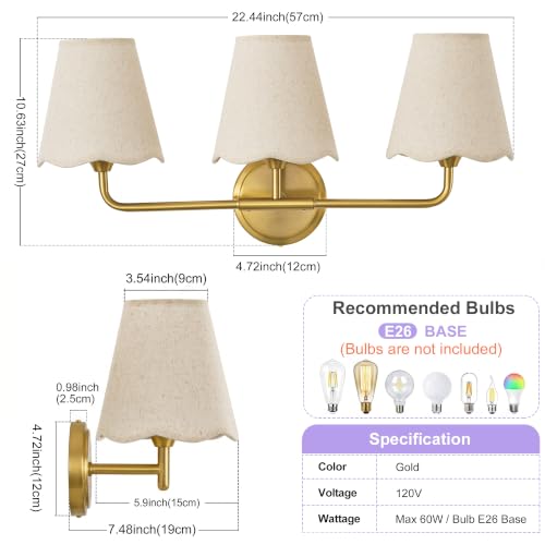 Image of Bathroom Light Fixtures 22 inch Dimmable 3-Light Gold Vanity Light | Farmhouse Bathroom Lights with Beige Wavy Fabric Shade, Vanity Lighting Fixtures for Mirror Bedroom Living Room Hallway