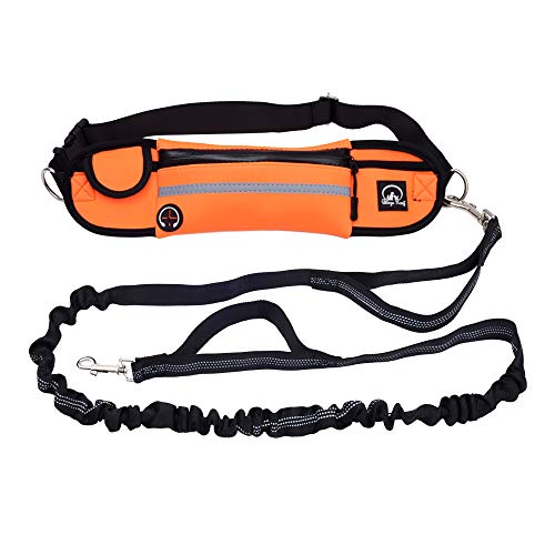 Peteeza Furry Hands Free Dog Leash and Collar for Running Walking Training Hiking, Dual-Handle Reflective Bungee, Adjustable Waist Belt, Shock Absorbing, Ideal for Medium to Large Dogs