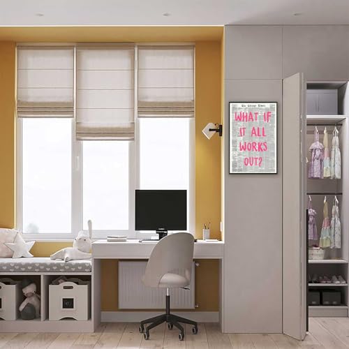 Image of What If It All Works Out Poster Retro Newspaper Pink Font Canvas Wall Art Positive Affirming Quote Minimalist Prints Painting For Home Bedroom Dorm Wall Decor 24x36in Framed