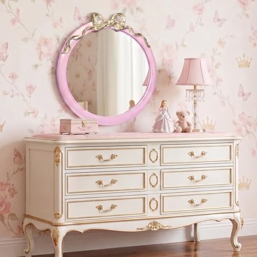 Image of 28x28 inch Pink Bow Mirrors for Wall, Round /Circle God Decorative Wall Mounted Mirror, Suitable for Bedroom, Hallway, Living Room Decoration, Nursery Room, Girl's Room