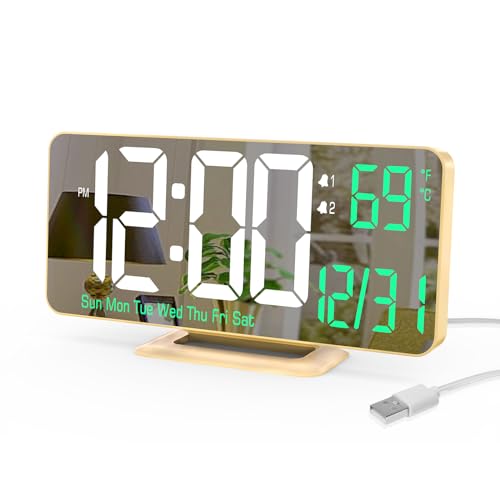 Image of KOSUMOSU Desk Clock for Bedroom Accessories 6.7in Gold Digital Alarm Clock with Dimming,12 /24h, Date, Day of Week, Temp, LED Clock, Modern Digital Calendar Clocks for Living Room Essentials
