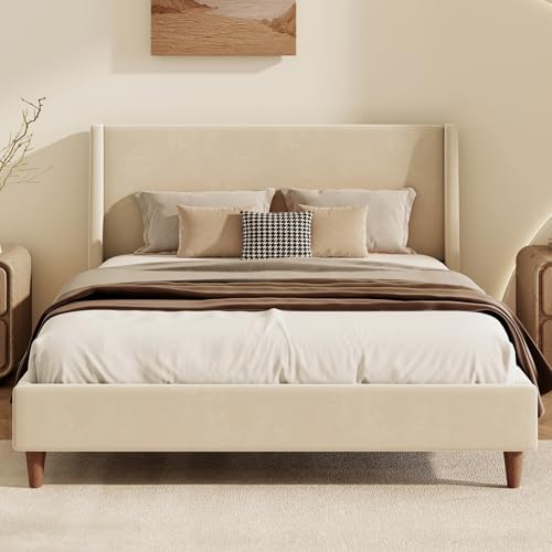 Harper & Bright Designs Queen Size Bed Frame, Upholstered Platform Bed with Wingback Headboard, Solid Wood Support, No Box Spring Needed, Beige