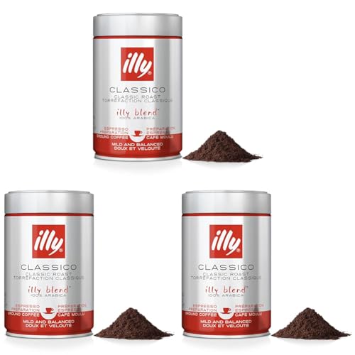 illy Café, café molido Classico, tostado medio, granos de café 100% arábico, 250 g (Paquete de 3)