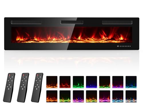 Electric Fireplace 70 Inch with 3 Remotes, Recessed or Wall Mounted Electric Fireplace Insert with 15 Flame Colors & 6 Adjustable Speeds, 1500/750W Linear Fireplace Heater, 12H Timer, Log & Crystal