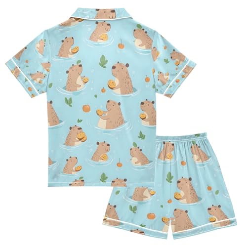 senya Cute Capybaras Swimming Q Satin Summer Pajama Sets Silk Short Sleeve Button Down Sleepwear2