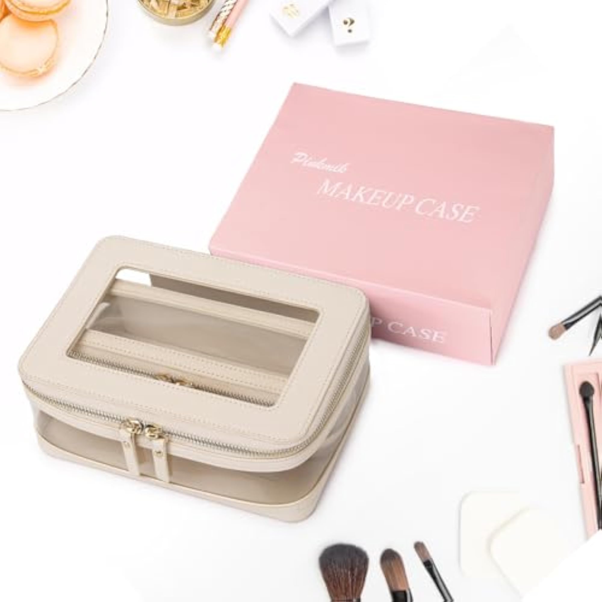 Travel Clear Makeup Bag with Brush Case, Waterproof Organizer
