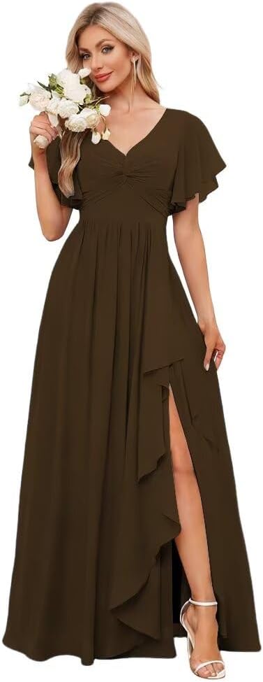 Women's Short Sleeve Pleated Chiffon Bridesmaid Dresses Long Formal Evening Dress AS006