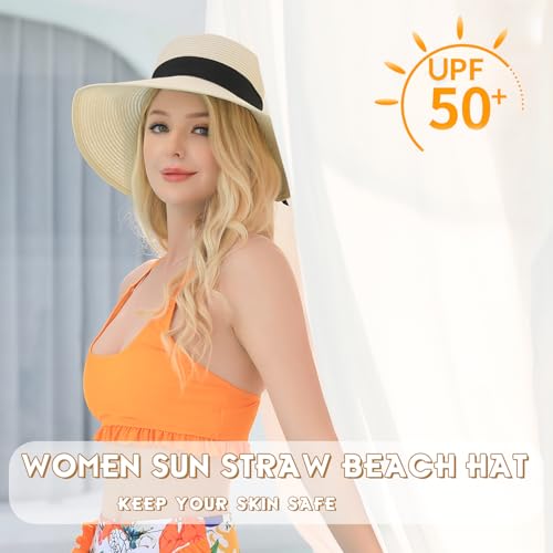 Image of Beach Hat for Women, Wide Brim Sun Straw Hats for Women, Sun Hat Womens UPF 50+ UV Protection, Floppy Foldable Summer Hats