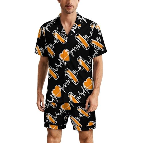 Barbell Weightlifting Heartbeat Mens Pajamas Set Short Sleeve Sleepwear Summer Pjs Sets 2 Piece Loungewear Nightwear