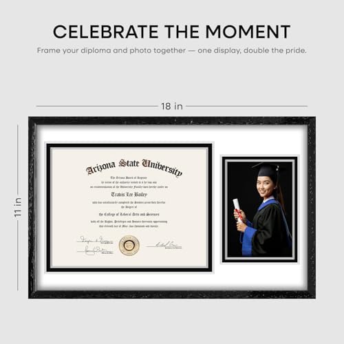 Image of Homeforia 11x18 Black Diploma Frame with Photo, High End Oak 11 x 18 Certificate Wood Frame with Mat 8.5x11 Diploma and 5x7 Picture, 11 by 18 Wooden Document Frames, Tempered Glass, Wall Kit, Set of 3