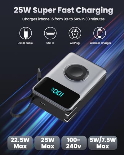 Image of 4-in-1 Portable Charger With Built-in Wall Plug&USB-C Cables,10800mAh Power Bank with iWatch Charger,QC4.0+PD 25W Fast Charging Battery Pack,Travel Essentials for iPhone 17 /16,Apple Watch,Android etc