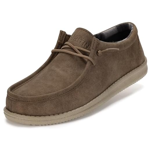 WHITIN Men's Casual Loafers Slip-on Leather Boat Shoes Fashion Deck Sneakers Size 10 Winter Warm Walking Light Brown 43