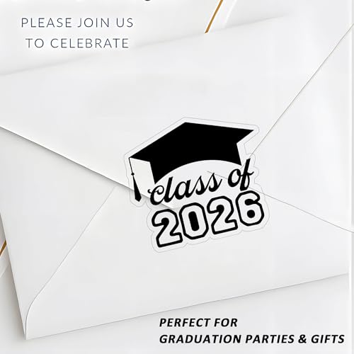 BOMSCTA Class of 2026 Graduation Stickers: 120-Piece Bulk Pack — Waterproof Clear Vinyl & 1-Second Fast Peel Die-Cut — Black Foil Decals for Graduation Caps, Gowns & Envelopes