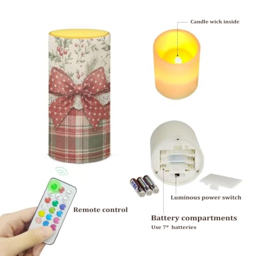 Image of Poceacles Christmas Flameless LED Battery Candles Pillar Candles Tealight with 18-Key Timer Remote with Colorful Light for Indoor Outdoor Home Decor, Christmas Bow Plaid Holly
