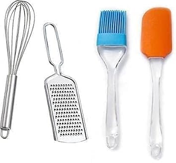 CRYZONE Kitchen Utensil Set, Silicone Spatula and Brush with Stainless Steel Whisk and Grater, 4 Piece Combo Pack, Multicolor