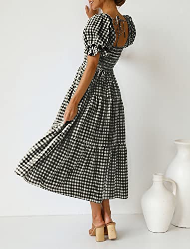 Image of ZESICA Women's 2026 Boho Summer Dresses Gingham Puff Sleeve Square Neck Flowy Beach Midi Dress