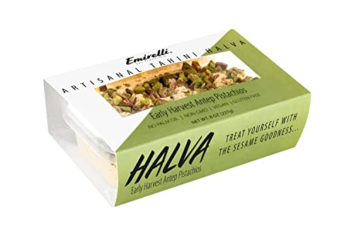 Emirelli Artisanal Halva Dessert – Authentic Middle Eastern Candy Turkish Sweets – Vegan Candy 55%-Tahini Halwa - Halvah Traditional International Sweets - Harvest Antep Pistachios Flavor, Pack Of 1 #TOP1