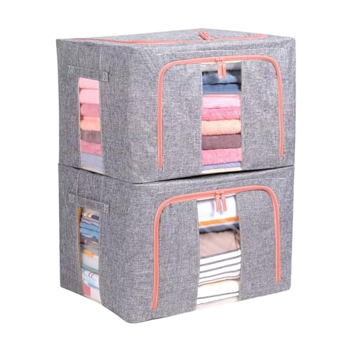 Tasmegol 2 Pack Storage Bins Boxes with Clear Windows and Metal Frames Collapsible and Stackable Linen Fabric Closet Organizer Container for Clothes Beddings (Grey)