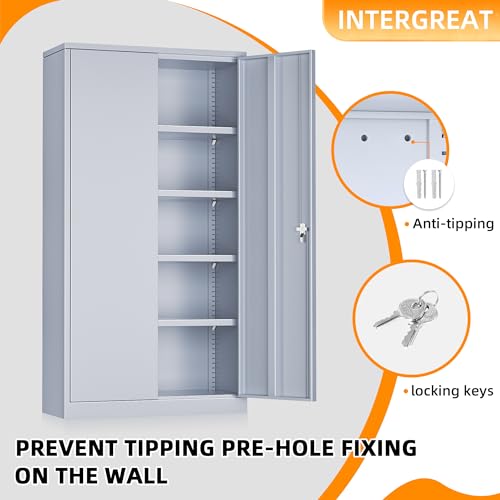 Image of INTERGREAT Metal Storage Cabinet with Doors, 72 inch Locking Steel Storage Cabinet with Shelves, Tall Metal Cabinet Lockable Steel Cabinets for Home Office, Garage,(Cement)