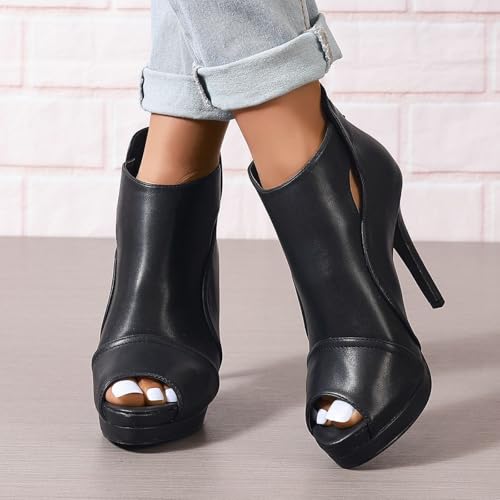 Image of Open Toe Booties for Women Black High Stiletto Heels Open Toe Sexy Ankle Boot Fashion Heeled Sandals with Back Zipper, US Size 5-11